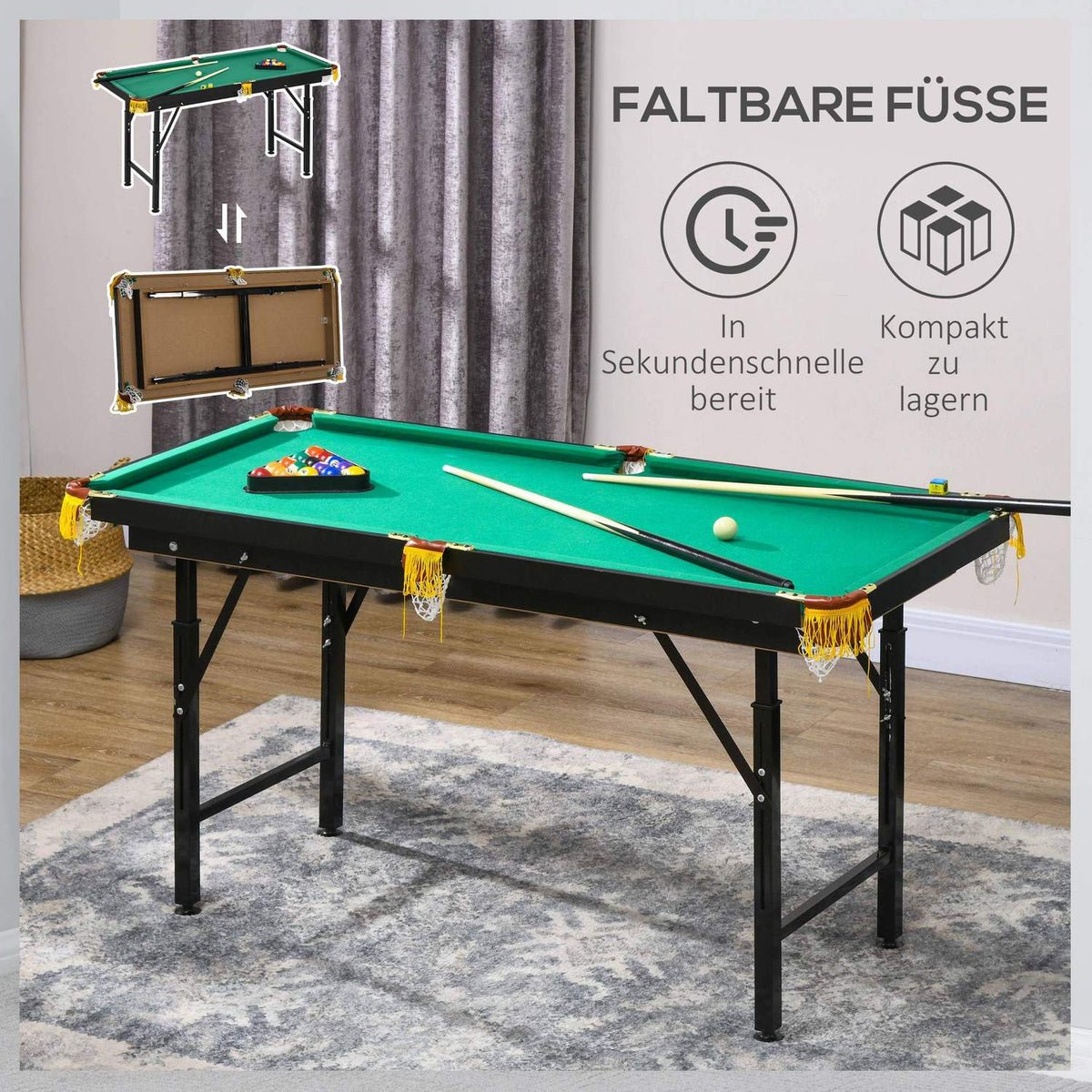 Pool Table 4.6Ft Foldable 140 X 60 X 55-75 Cm Table Billiards With Accessories, Triangle, 2 Cues, 16 Balls For Youth, Adults, Steel, Green