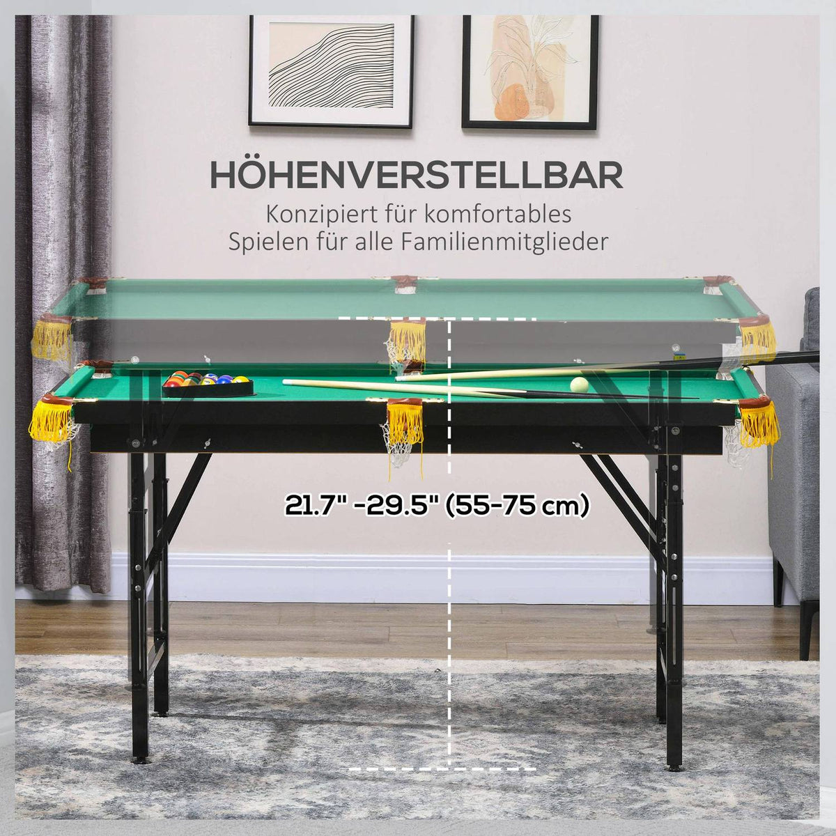 Pool Table 4.6Ft Foldable 140 X 60 X 55-75 Cm Table Billiards With Accessories, Triangle, 2 Cues, 16 Balls For Youth, Adults, Steel, Green