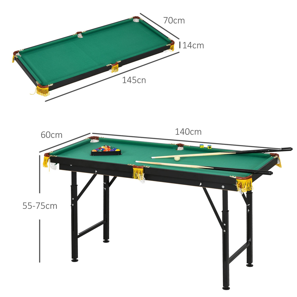 Pool Table 4.6Ft Foldable 140 X 60 X 55-75 Cm Table Billiards With Accessories, Triangle, 2 Cues, 16 Balls For Youth, Adults, Steel, Green