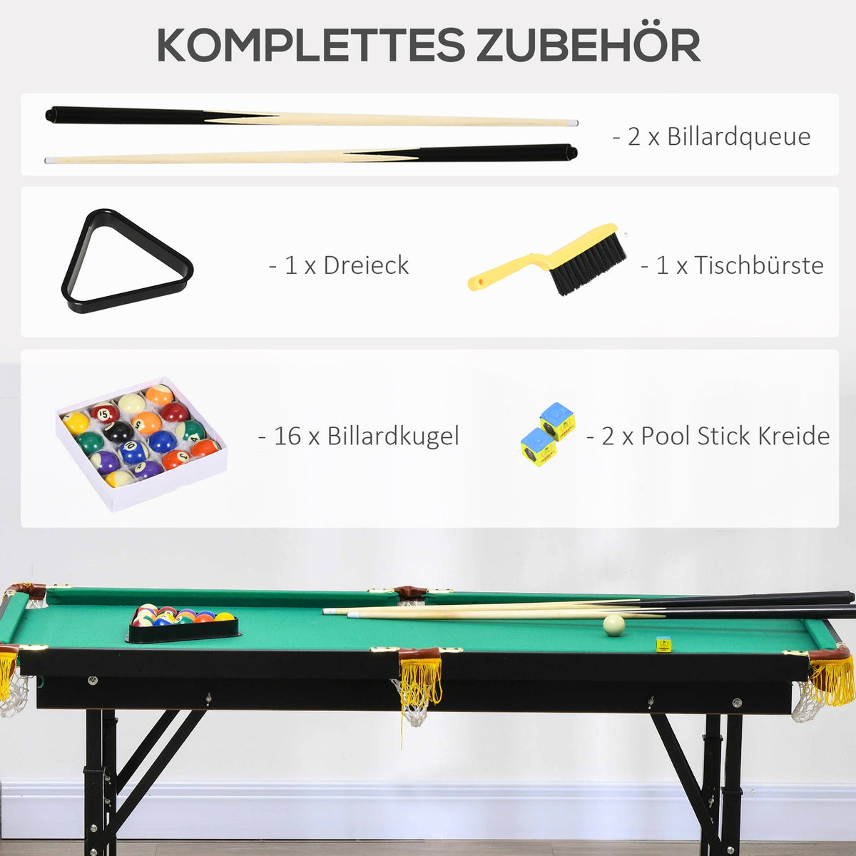 Pool Table 4.6Ft Foldable 140 X 60 X 55-75 Cm Table Billiards With Accessories, Triangle, 2 Cues, 16 Balls For Youth, Adults, Steel, Green