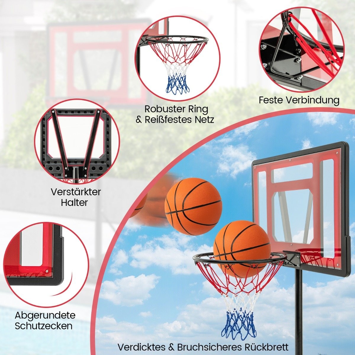 Pool basketball hoop outdoor basketball stand 115-135 cm height adjustable red