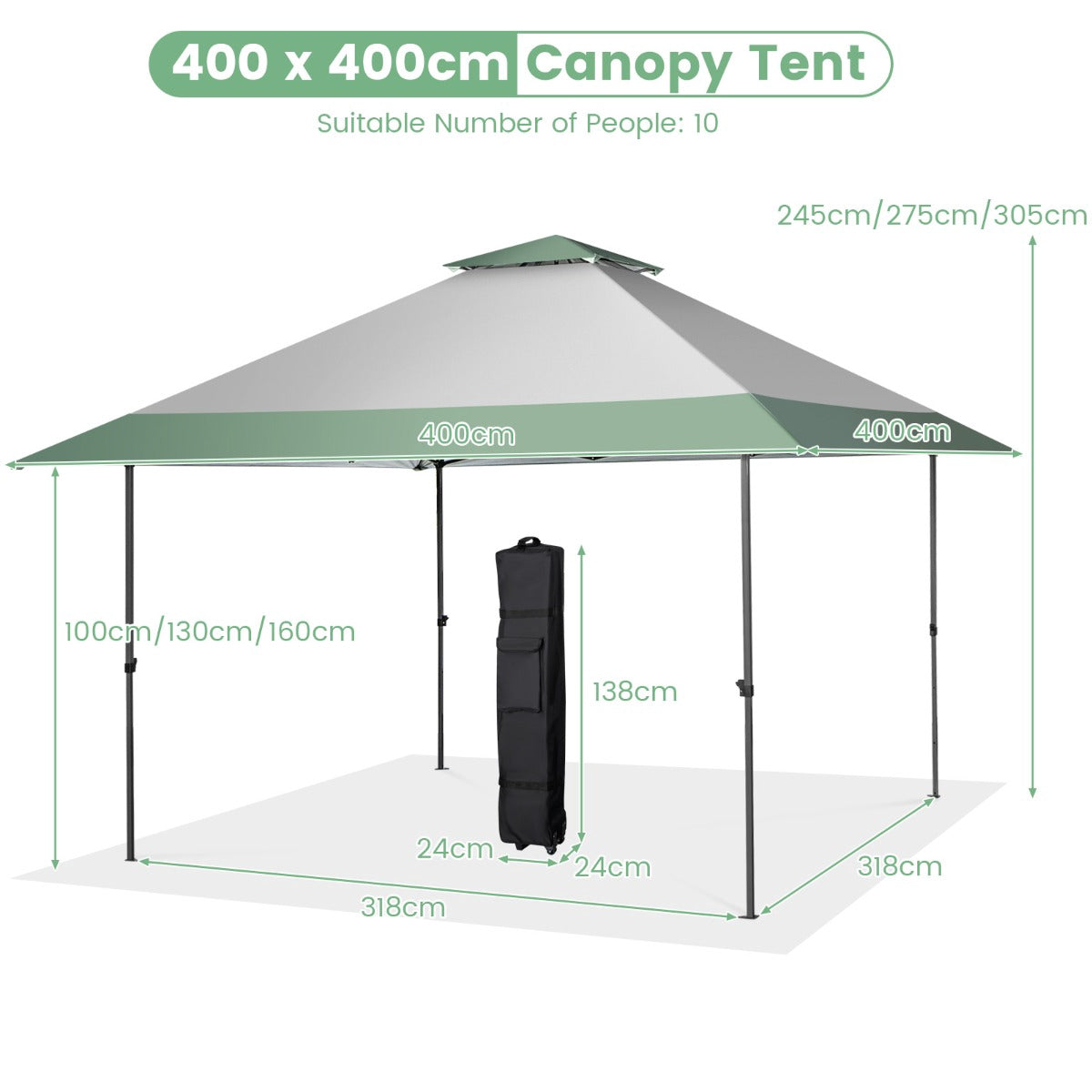 Pop-Up Canopy Tent 4x4m, Adjustable Height, Wheeled Bag