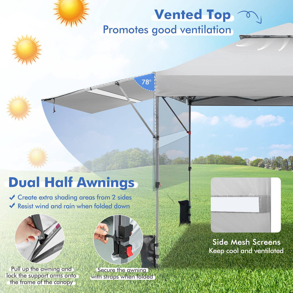 Pop-Up Canopy Tent With Dual Awnings, 300x537cm, UPF 50+