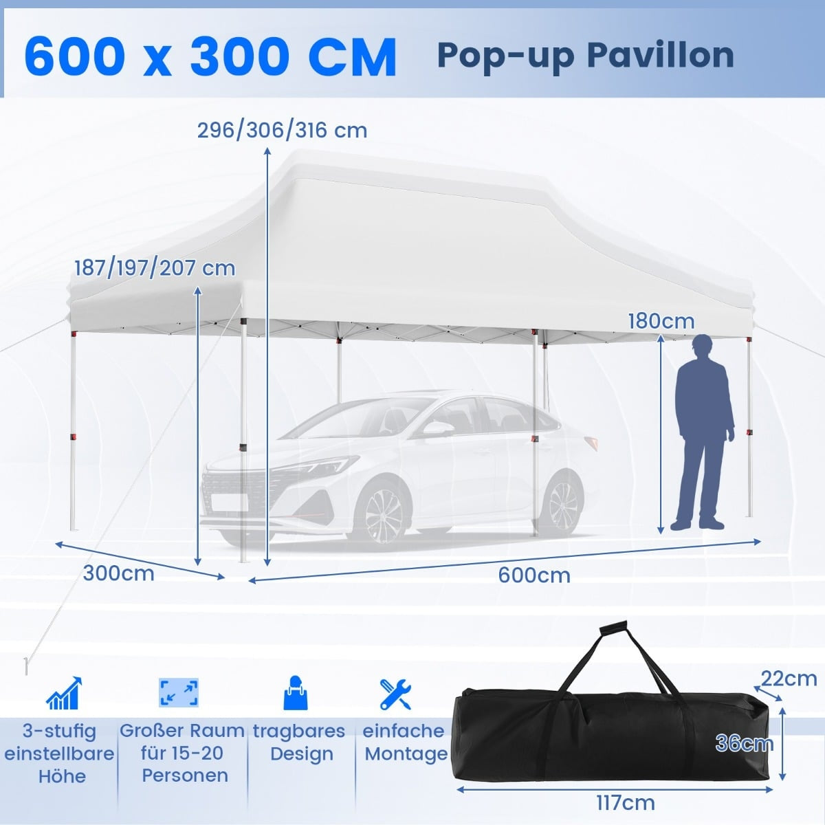Pop-Up Event Canopy Tent, 300x600 cm, Adjustable Height