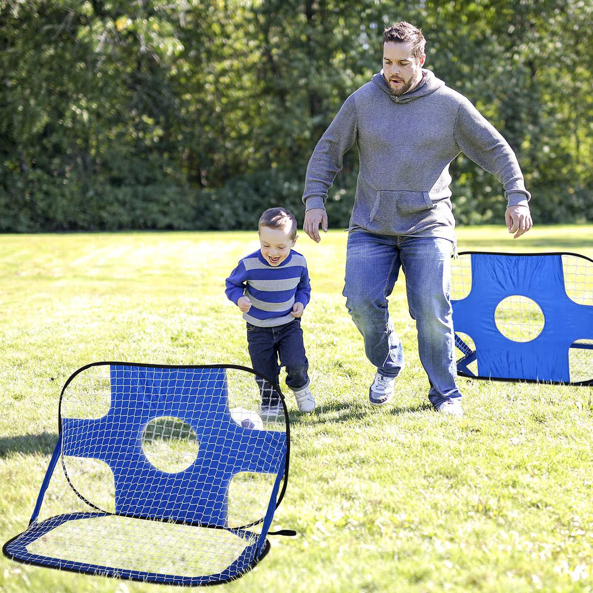 Pop Up Football Goals Portable Football Net, Set Of 2 Mini Goals, Foldable With Carry Bag, Blue, 123X80X80 Cm