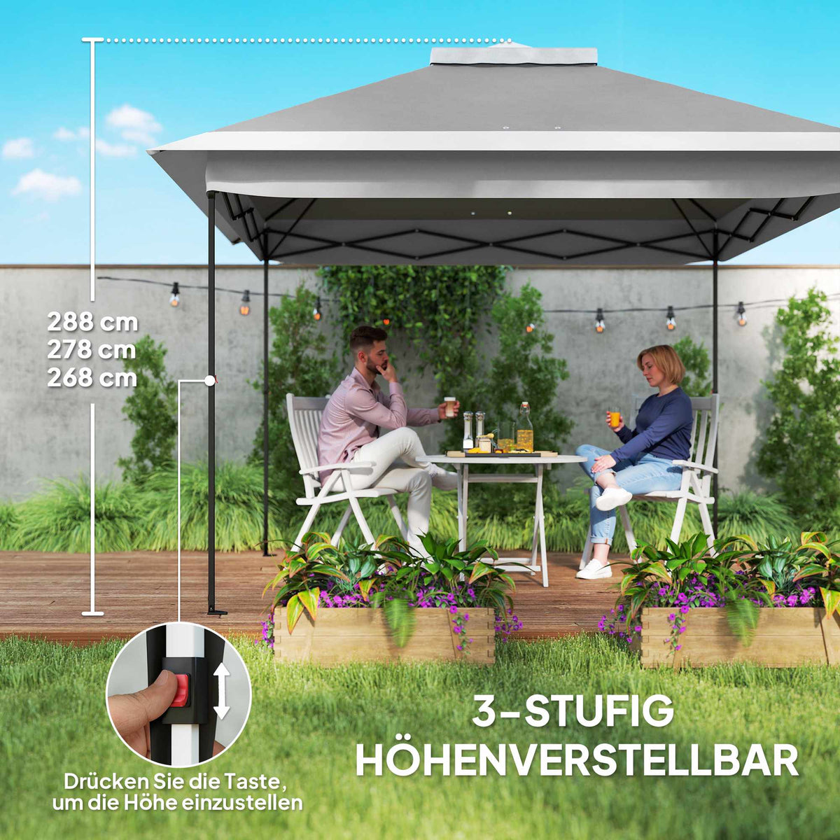 Pop-Up Garden Pavilion, Metal Frame, Grey, 330x330x288 cm