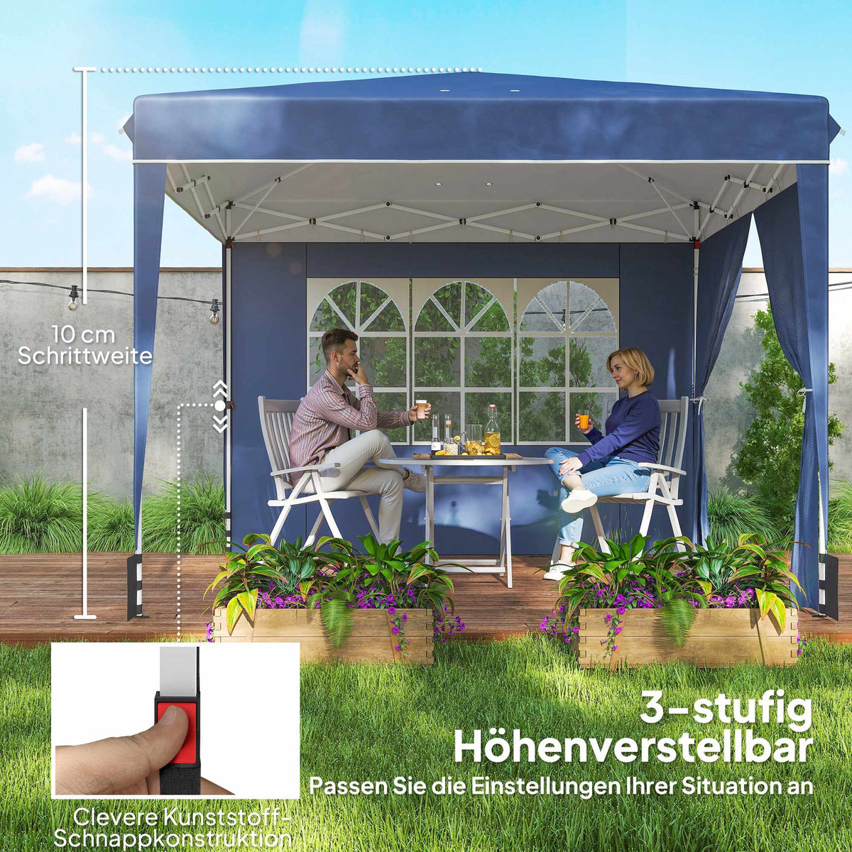 Pop-Up Gazebo 3x3m, Waterproof, Adjustable Height, Blue
