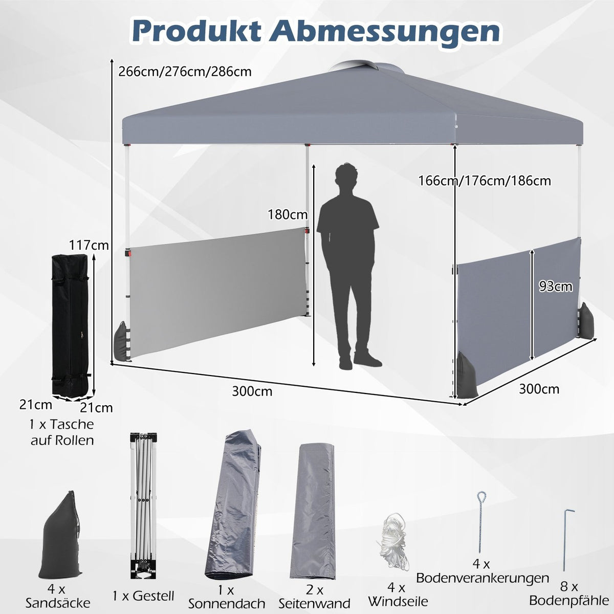 Pop-Up Gazebo 3x3m with 2 Sidewalls, Bag, Grey
