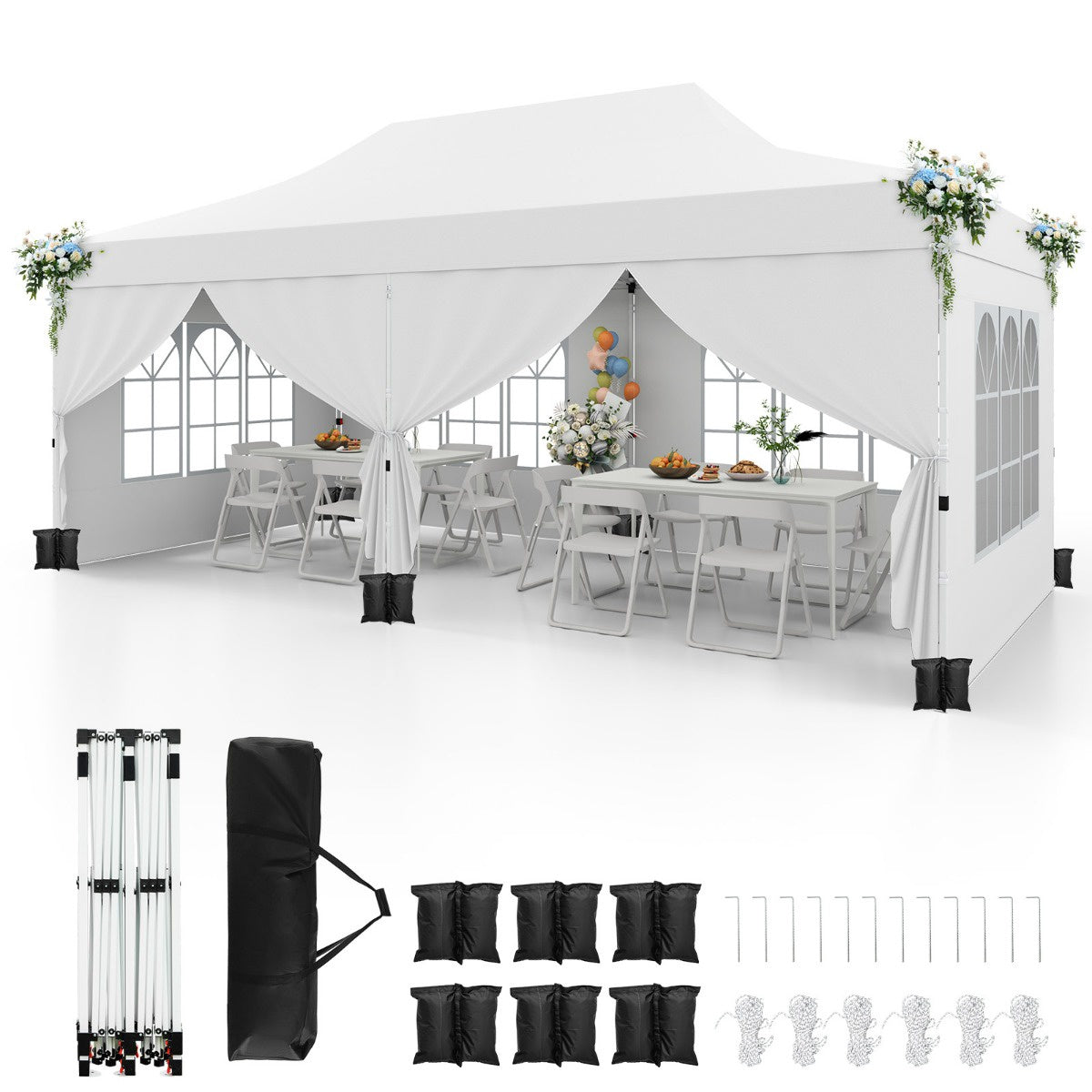 Pop-Up Gazebo 3 x 6 m, 6 Sidewalls, Zippered Doors