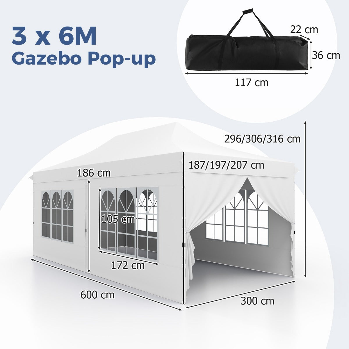 Pop-Up Gazebo 3 x 6 m, 6 Sidewalls, Zippered Doors
