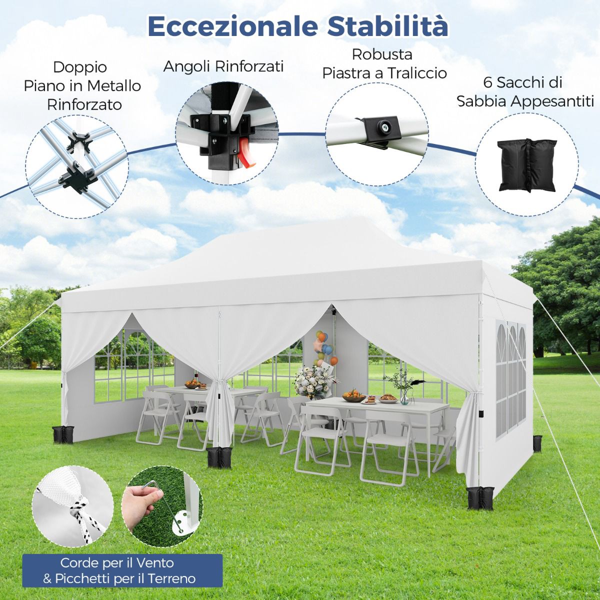 Pop-Up Gazebo 3 x 6 m, 6 Sidewalls, Zippered Doors