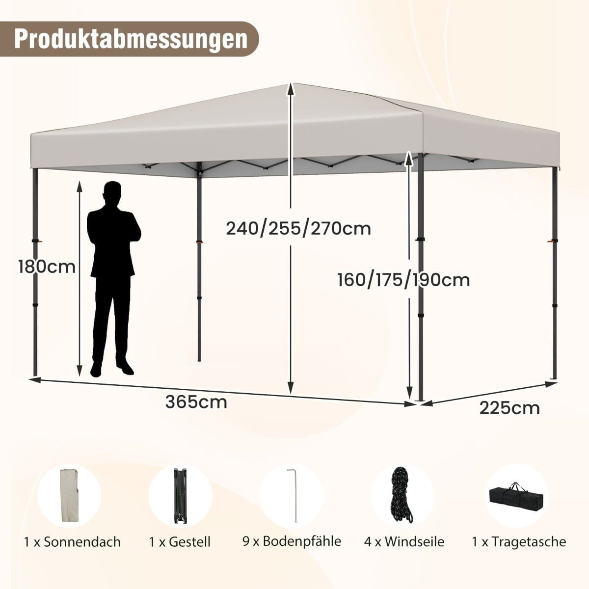 Pop-Up Pavilion 365x225 cm, UV Protection, Portable Bag