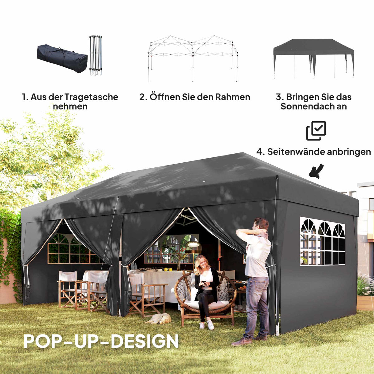 Pop-Up Pavilion 6x3m with Removable Walls, UV Protection