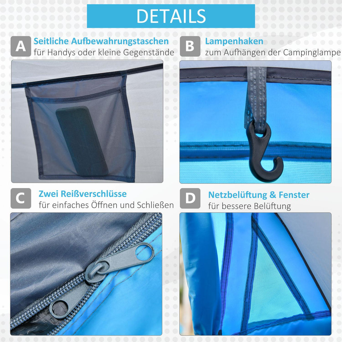 Pop-Up Tent For 1-2 People Lightweight Camping Tent For 3 Seasons, Polyester & Fiberglass, Blue+Grey, 220X108X110Cm