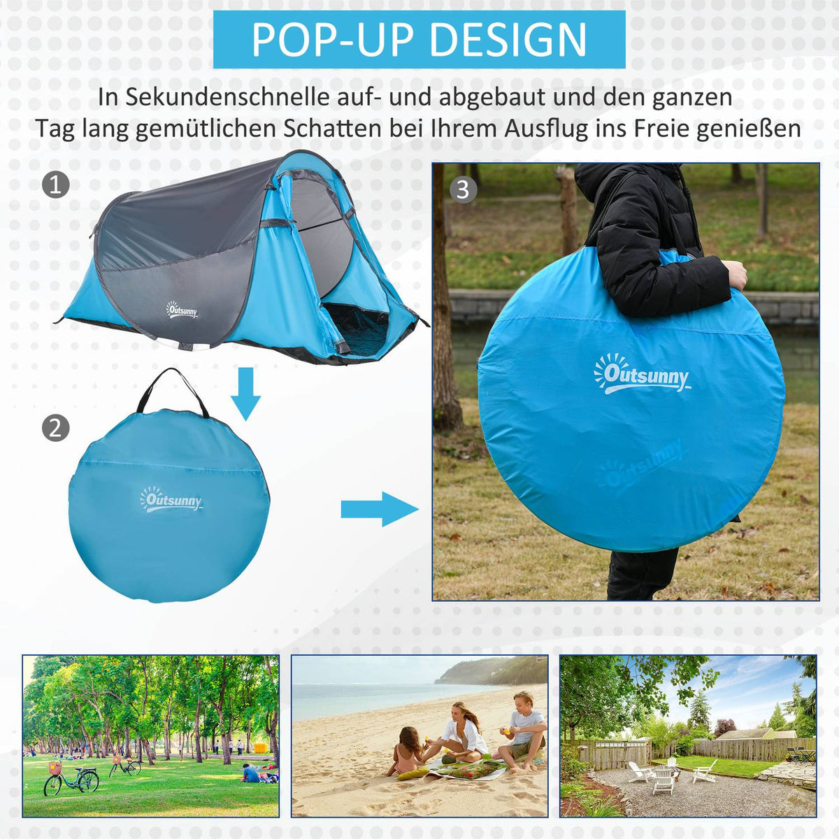 Pop-Up Tent For 1-2 People Lightweight Camping Tent For 3 Seasons, Polyester & Fiberglass, Blue+Grey, 220X108X110Cm