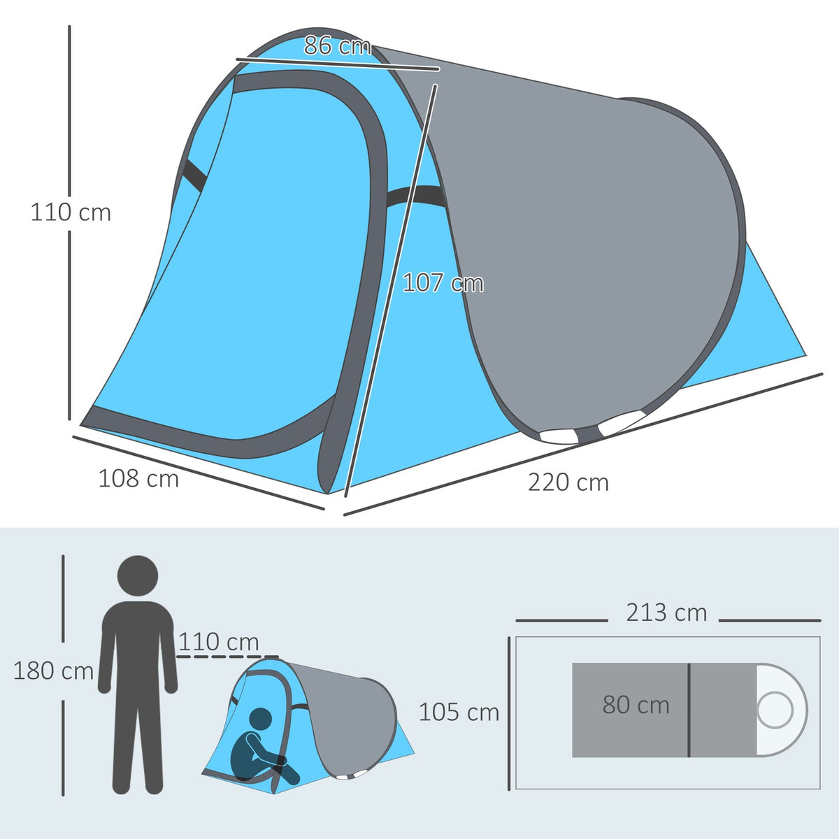 Pop-Up Tent For 1-2 People Lightweight Camping Tent For 3 Seasons, Polyester & Fiberglass, Blue+Grey, 220X108X110Cm