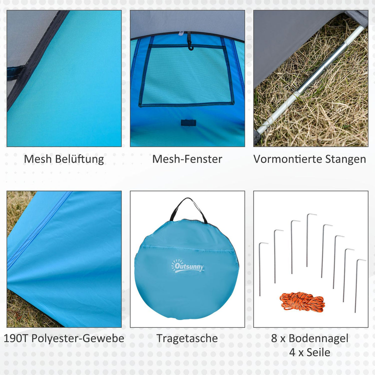 Pop-Up Tent For 1-2 People Lightweight Camping Tent For 3 Seasons, Polyester & Fiberglass, Blue+Grey, 220X108X110Cm