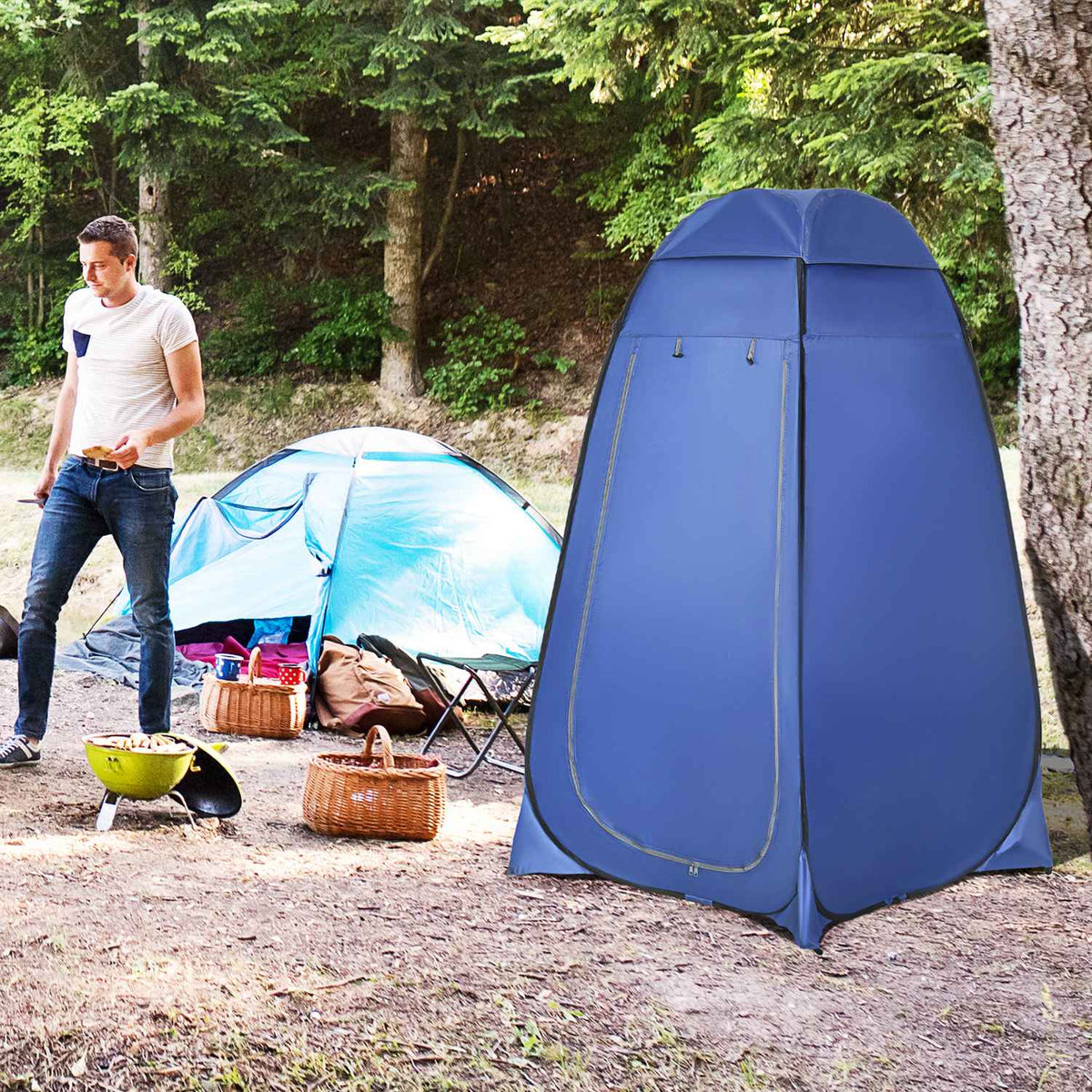 Pop Up Toilet Tent Mobile Camping Shower Tent Changing Tent With Inner Pocket Shower Cubicle Waterproof Polyester Dark Blue 120 X 120 X 190 Cm