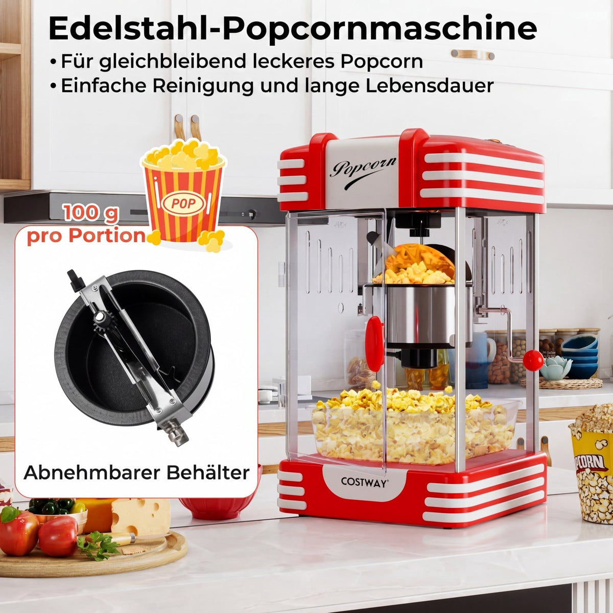 Popcorn Machine 300W, Retro Cinema Style, Warming Light