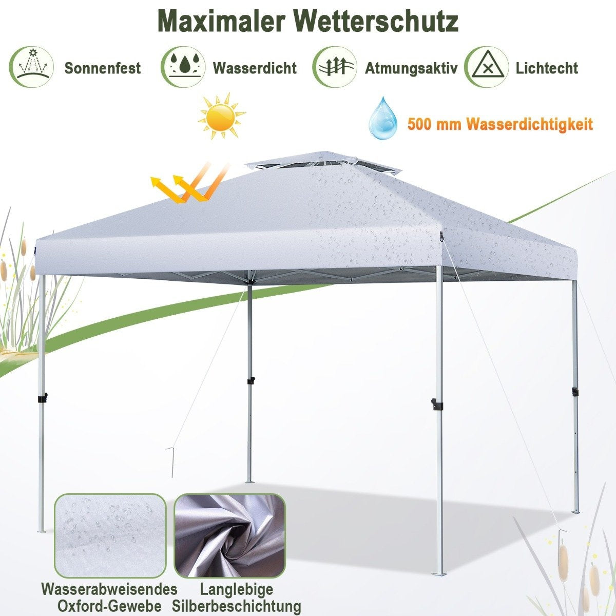 Pop-up canopy tent outdoor party tent with adjustable height 305 x 305 cm silver white