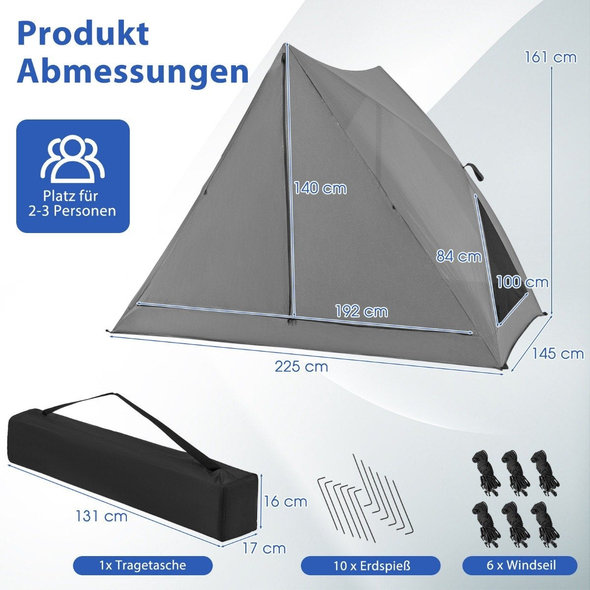 Pop up tent for 2-3 people 360° one-sided transparent family tent 225 x 145 x 161 cm gray