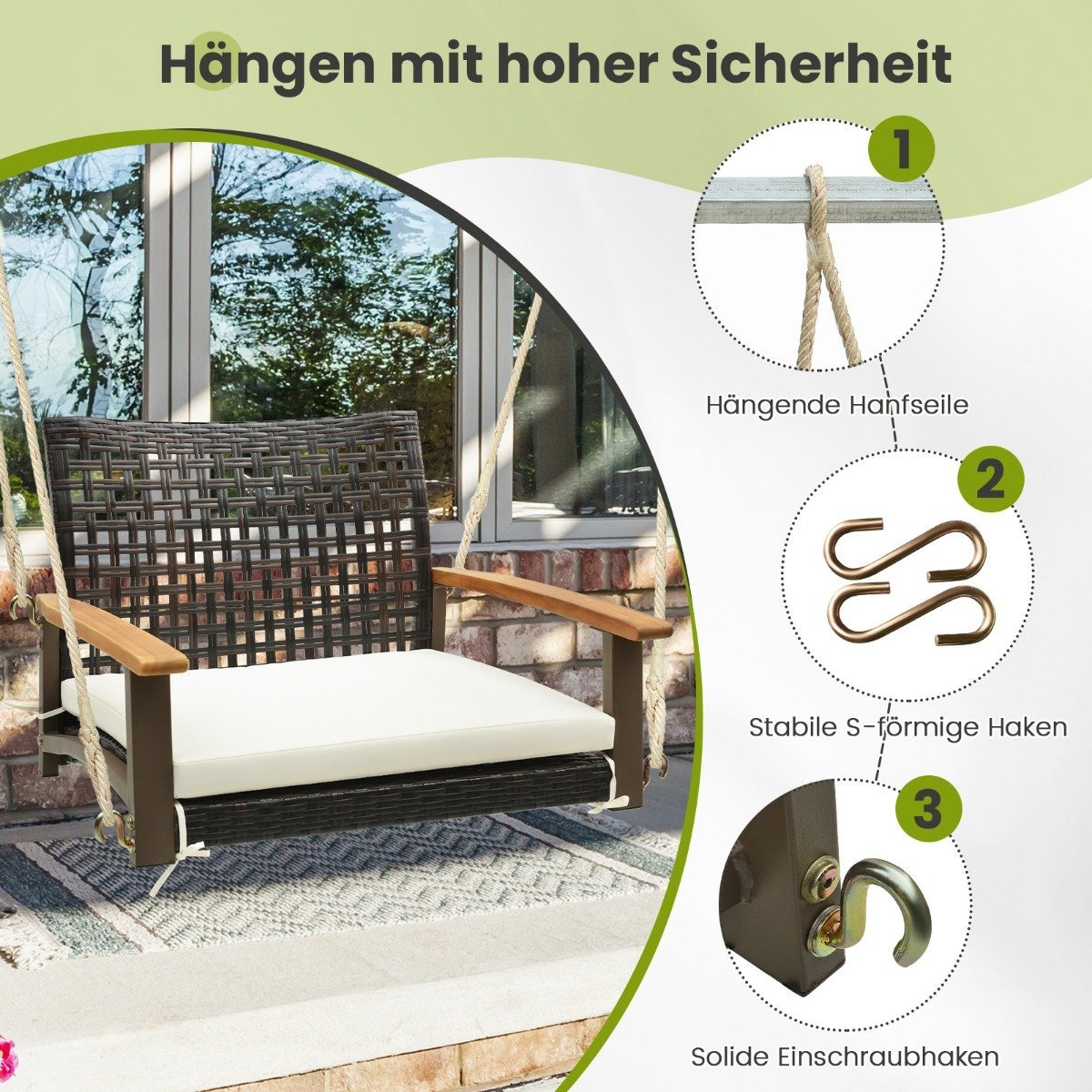 Porch swing made of rattan single hanging seat made of wicker with seat cushion 81.5 x 70 x 53.5 cm