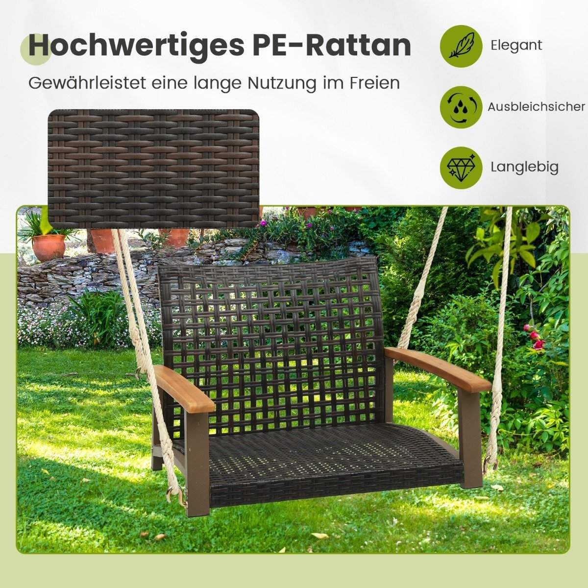 Porch swing made of rattan single hanging seat made of wicker with seat cushion 81.5 x 70 x 53.5 cm