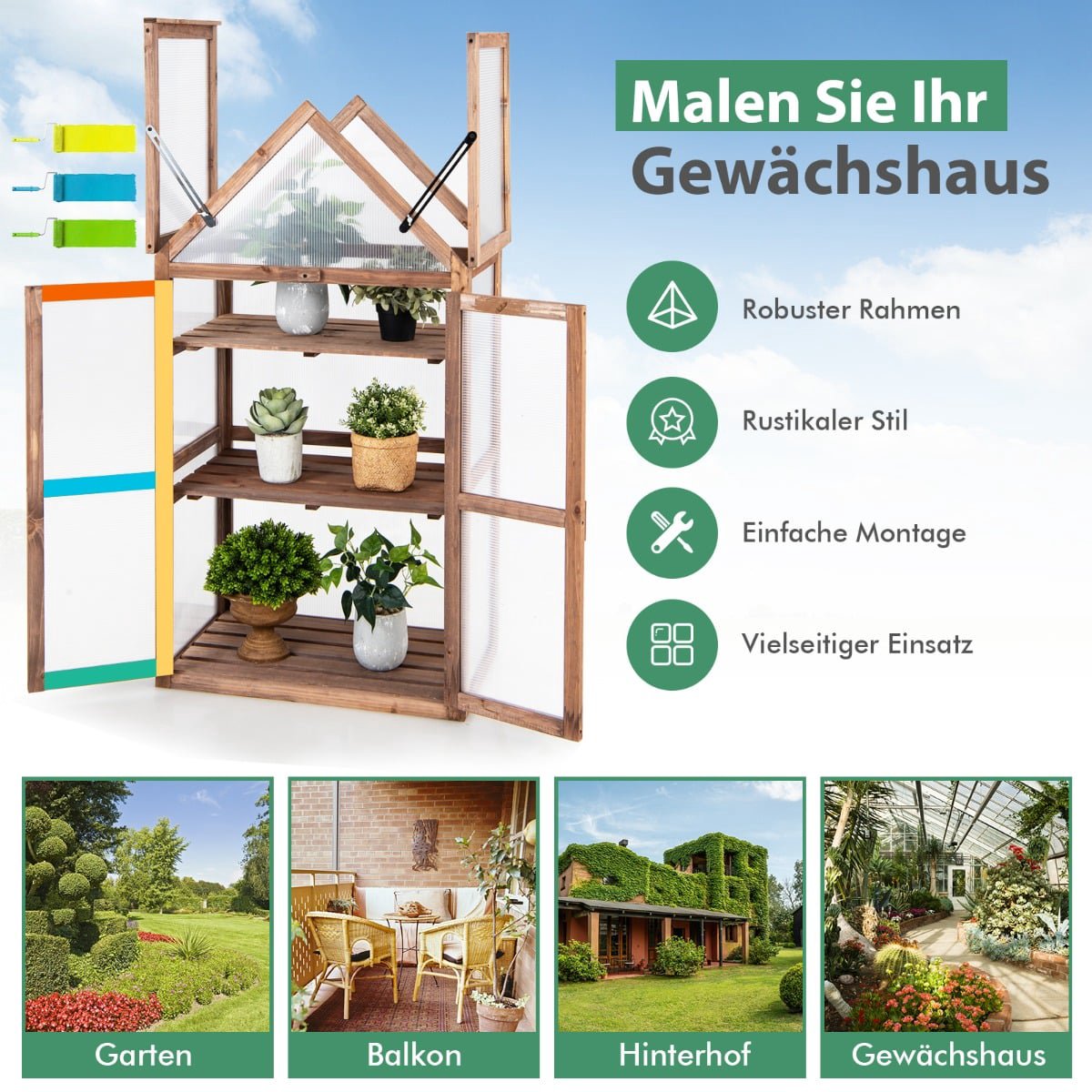 Portable 3-Tier Wooden Mini Greenhouse with Removable Shelves