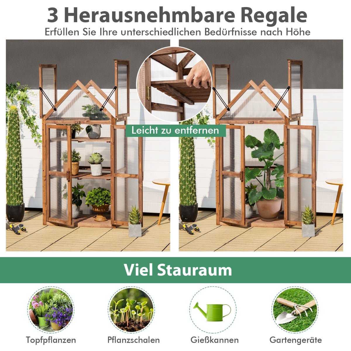 Portable 3-Tier Wooden Mini Greenhouse with Removable Shelves
