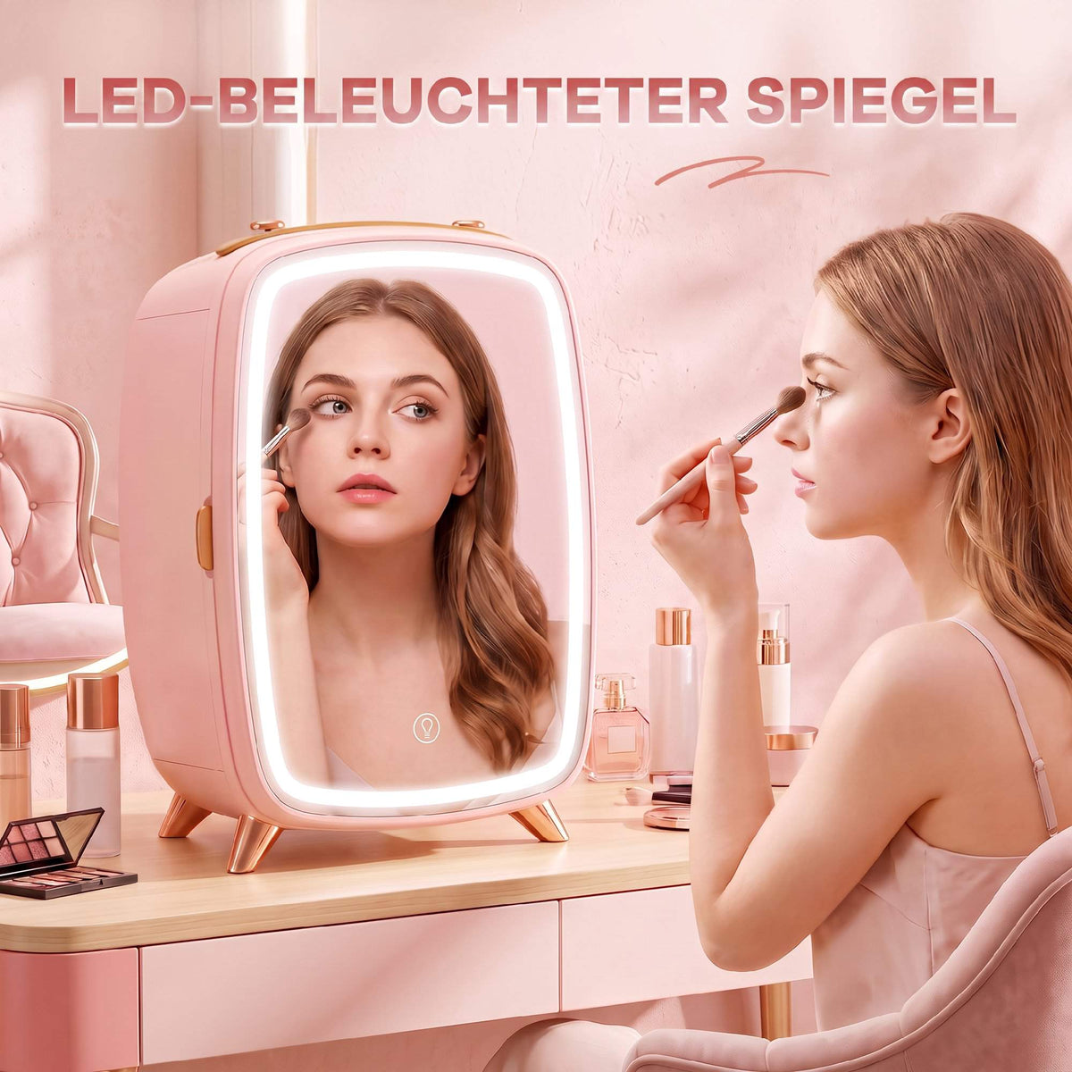 Portable 6L Pink Mini Fridge with LED Mirror for Cosmetics
