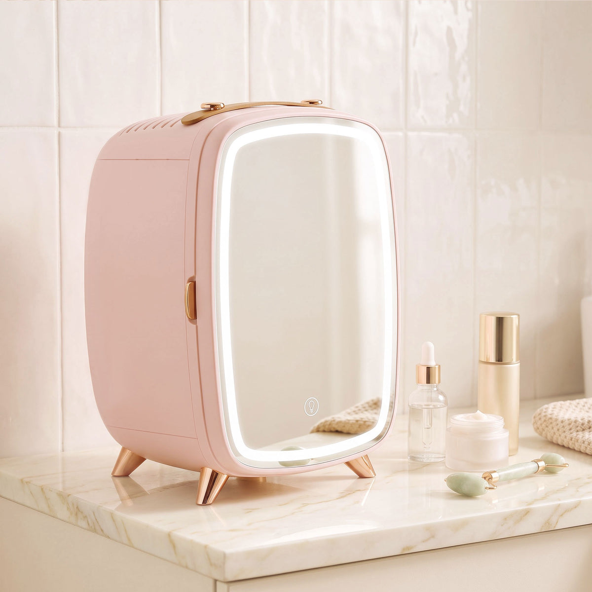 Portable 6L Pink Mini Fridge with LED Mirror for Cosmetics
