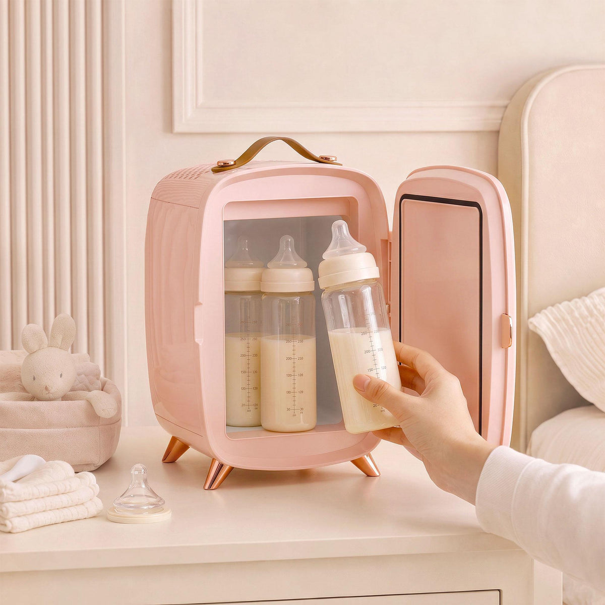 Portable 6L Pink Mini Fridge with LED Mirror for Cosmetics