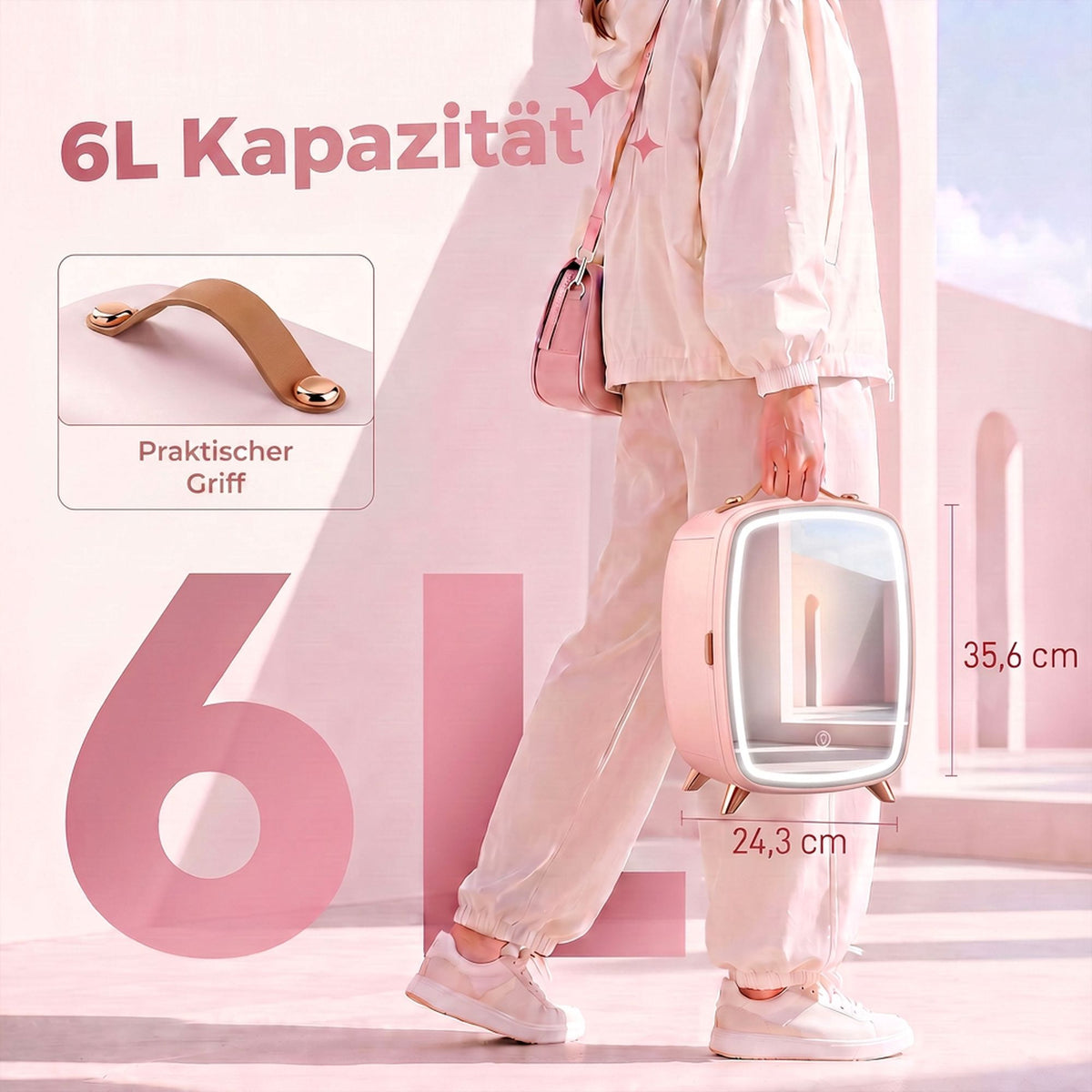 Portable 6L Pink Mini Fridge with LED Mirror for Cosmetics