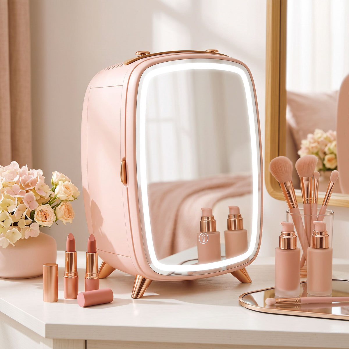 Portable 6L Pink Mini Fridge with LED Mirror for Cosmetics