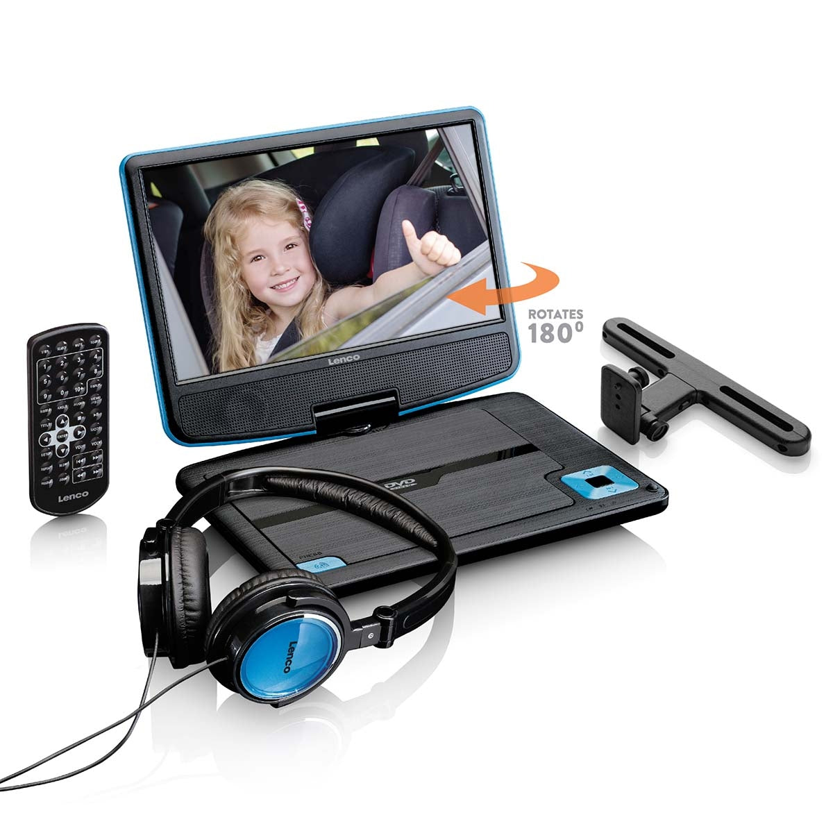 Portable 9" DVD player with USB headphones and mounting bracket Blue / Black