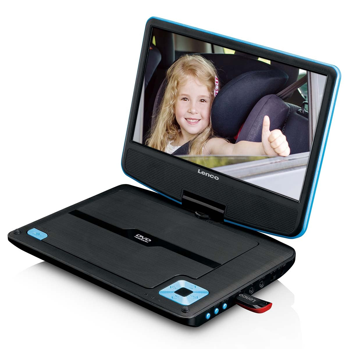 Portable 9" DVD player with USB headphones and mounting bracket Blue / Black