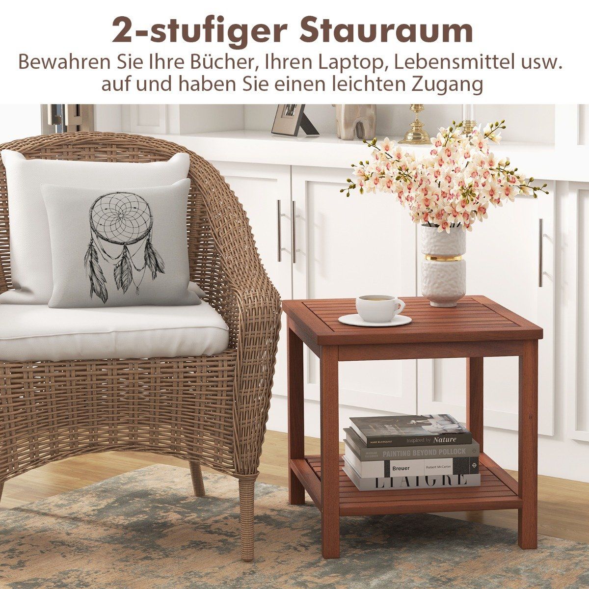 Portable Acacia Wood Side Table, 2-Tier Storage, 45x45x45 cm