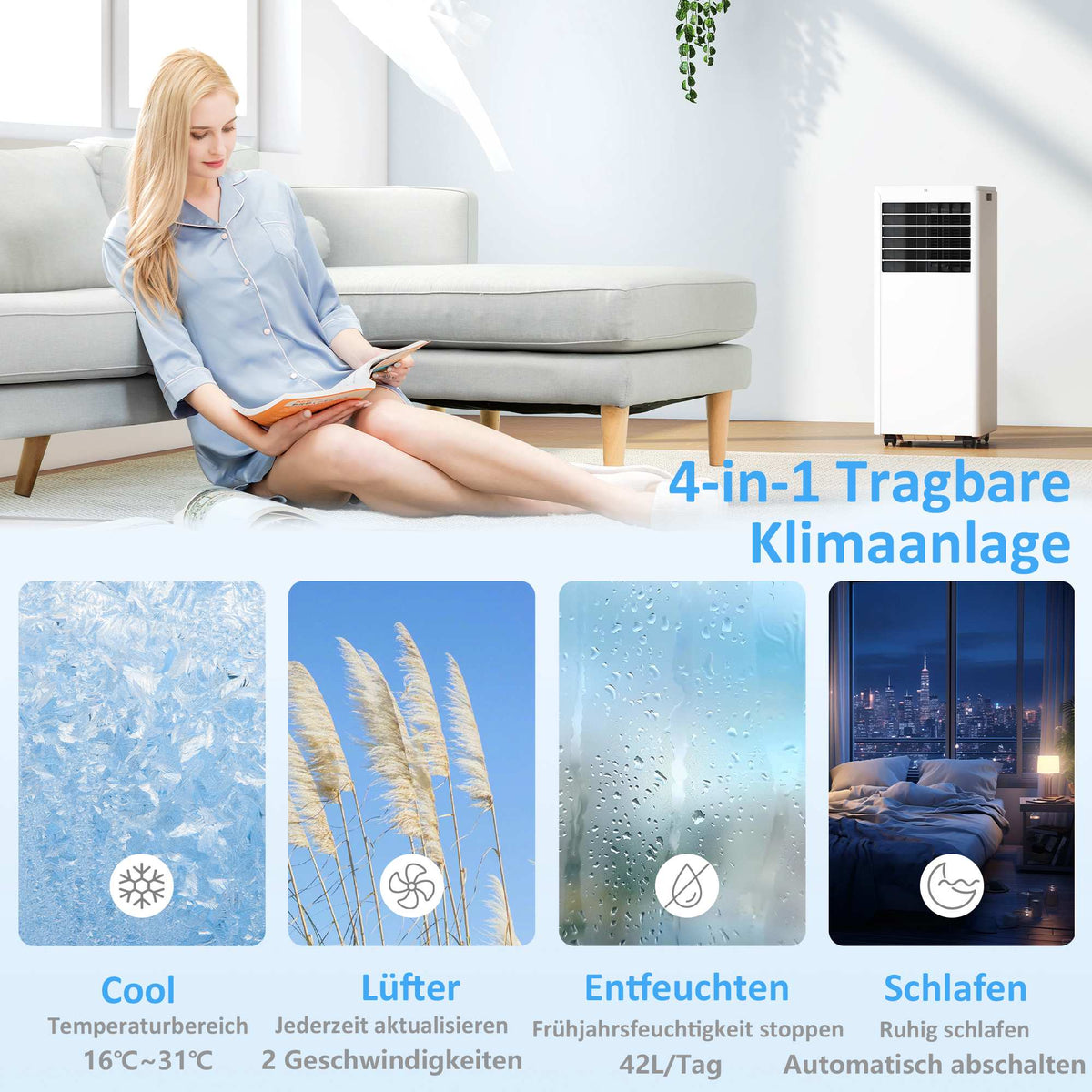 Portable Air Conditioner 9000 BTU, 4-in-1 Cooling Unit