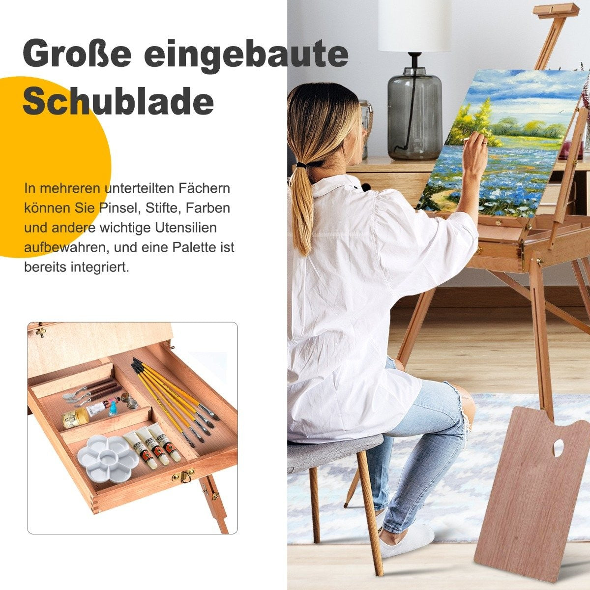 Portable Beechwood Easel with Drawer and Shelf, 71x114x183 cm