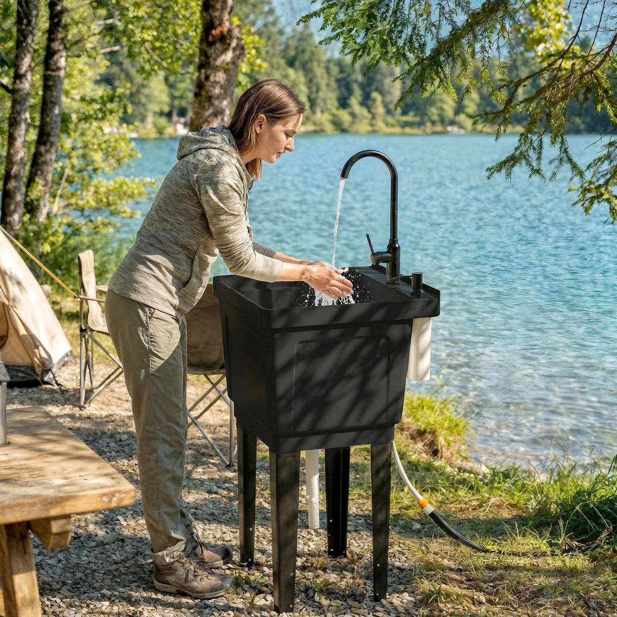Portable Camping Sink with Faucet and Soap Dispenser, Black