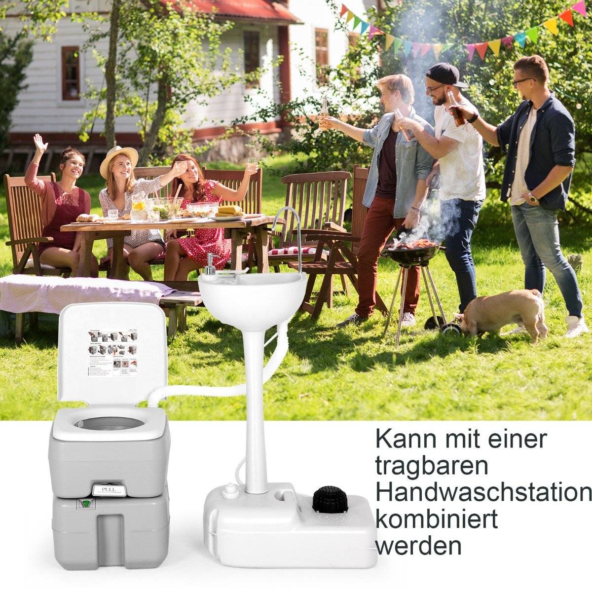 Portable Camping Toilet with 10L Freshwater Tank, Grey