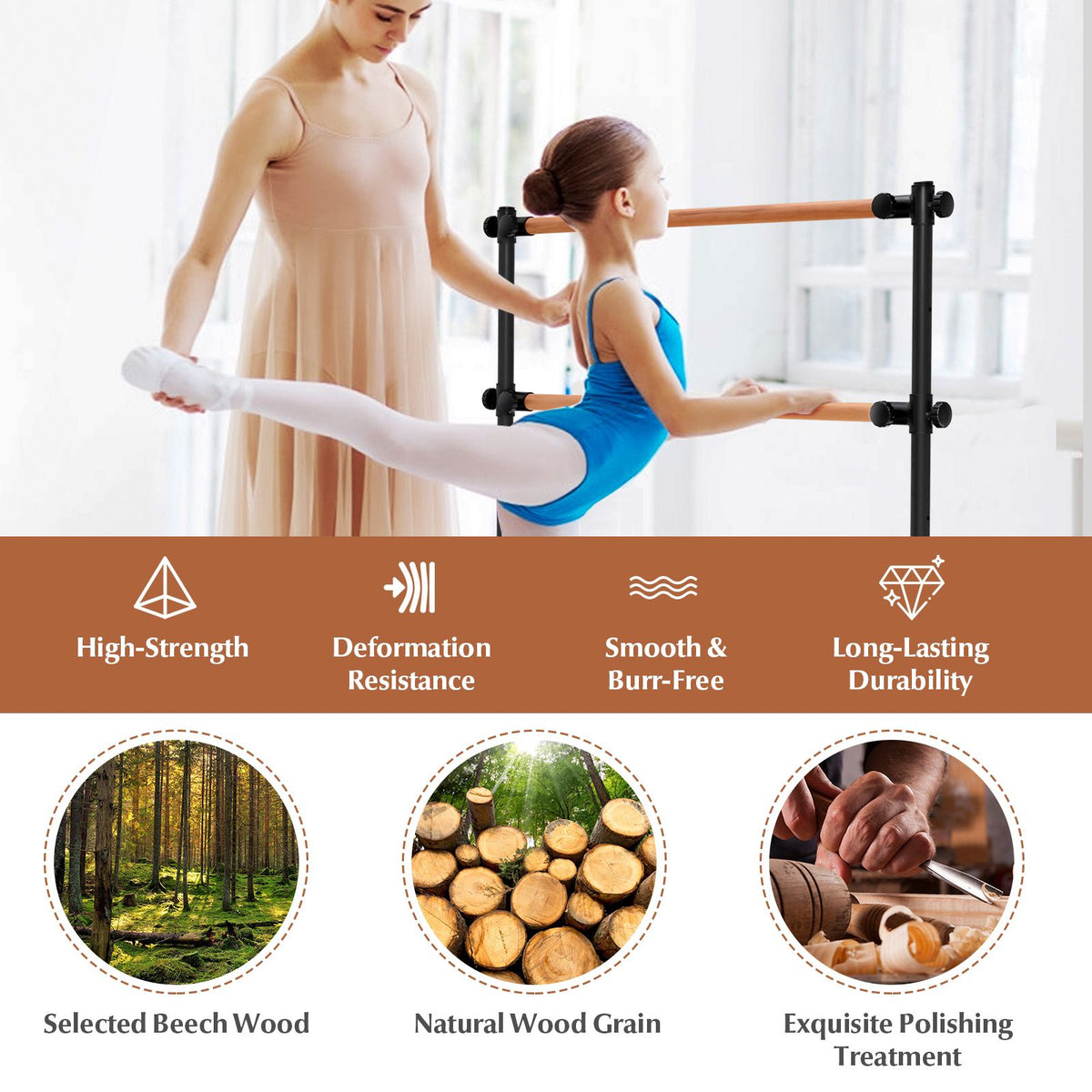 Portable Double Ballet Barre, 4 ft, Adjustable Height