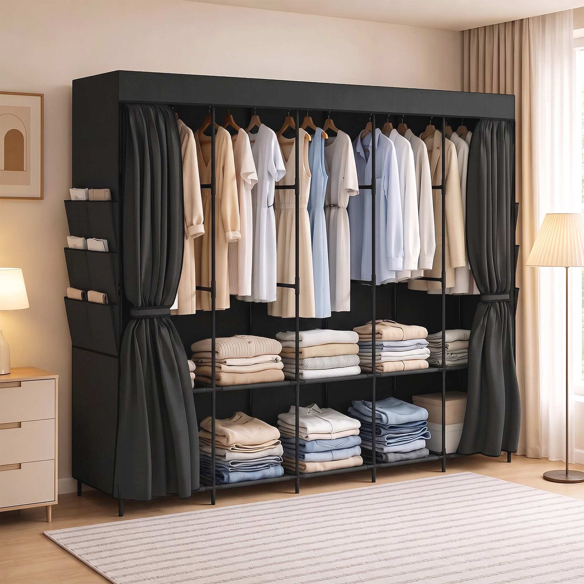 Portable Fabric Wardrobe, Dustproof, 5 Rods, Black, 212x45x167 cm
