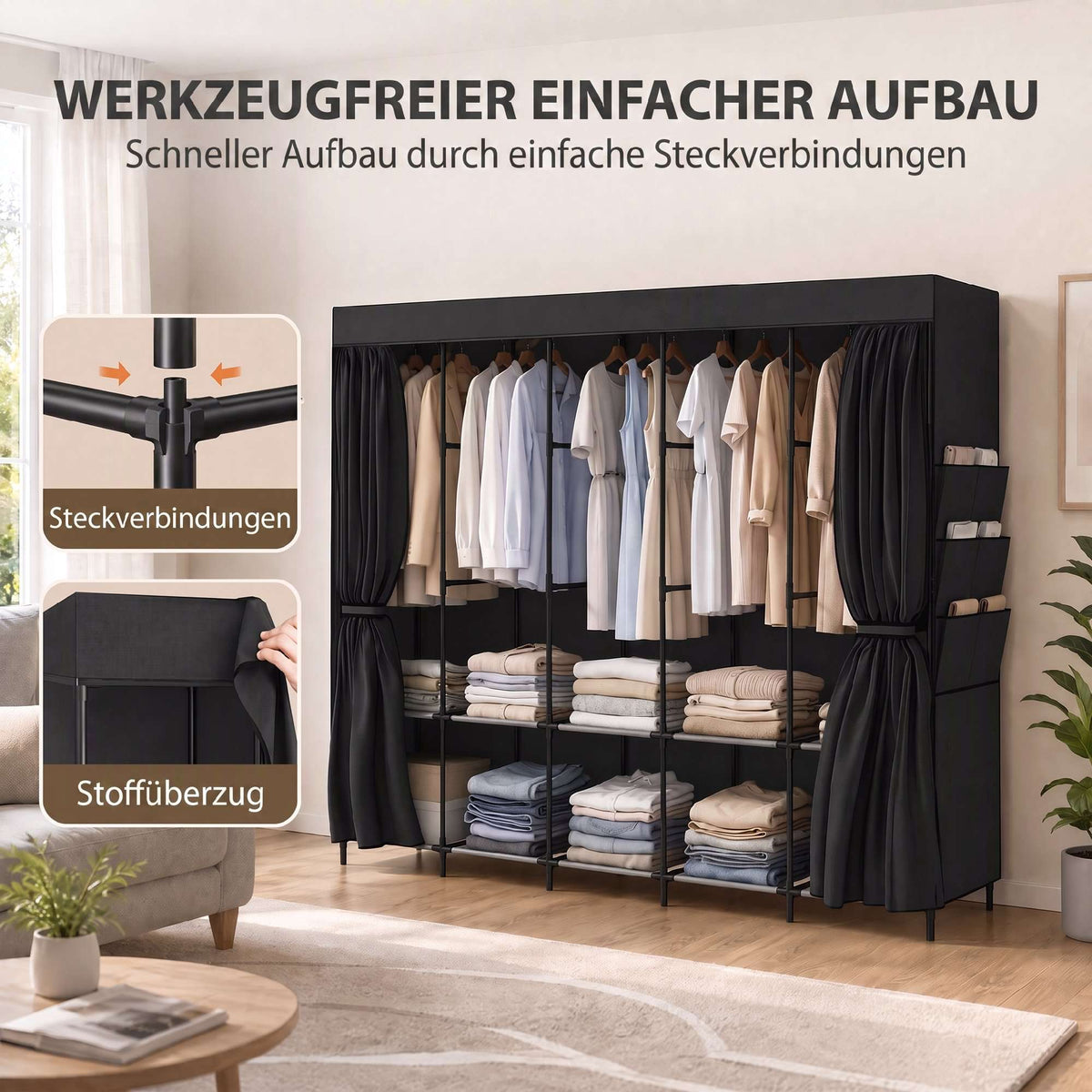 Portable Fabric Wardrobe, Dustproof, 5 Rods, Black, 212x45x167 cm