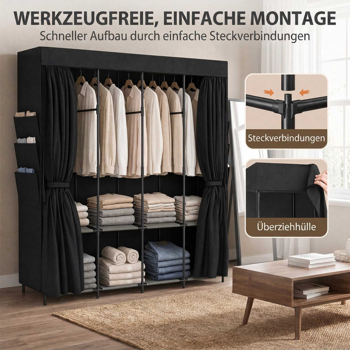 Portable Fabric Wardrobe, Dustproof, Black, 170 x 45 x 167 cm
