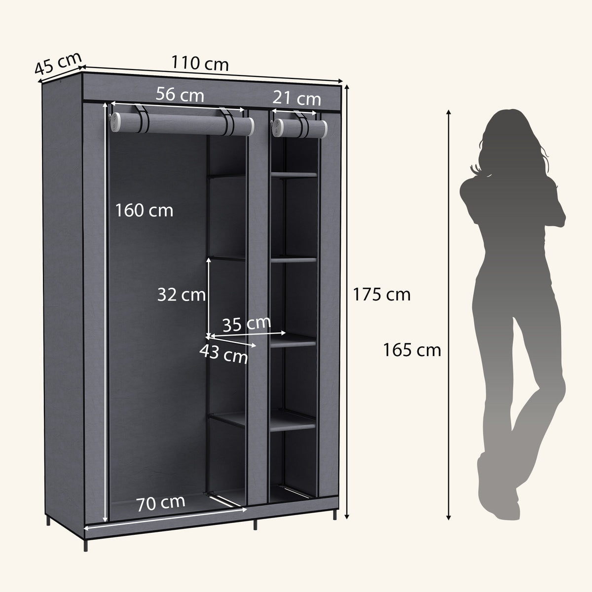 Portable Fabric Wardrobe with Hanging Rail & 5 Shelves, Grey