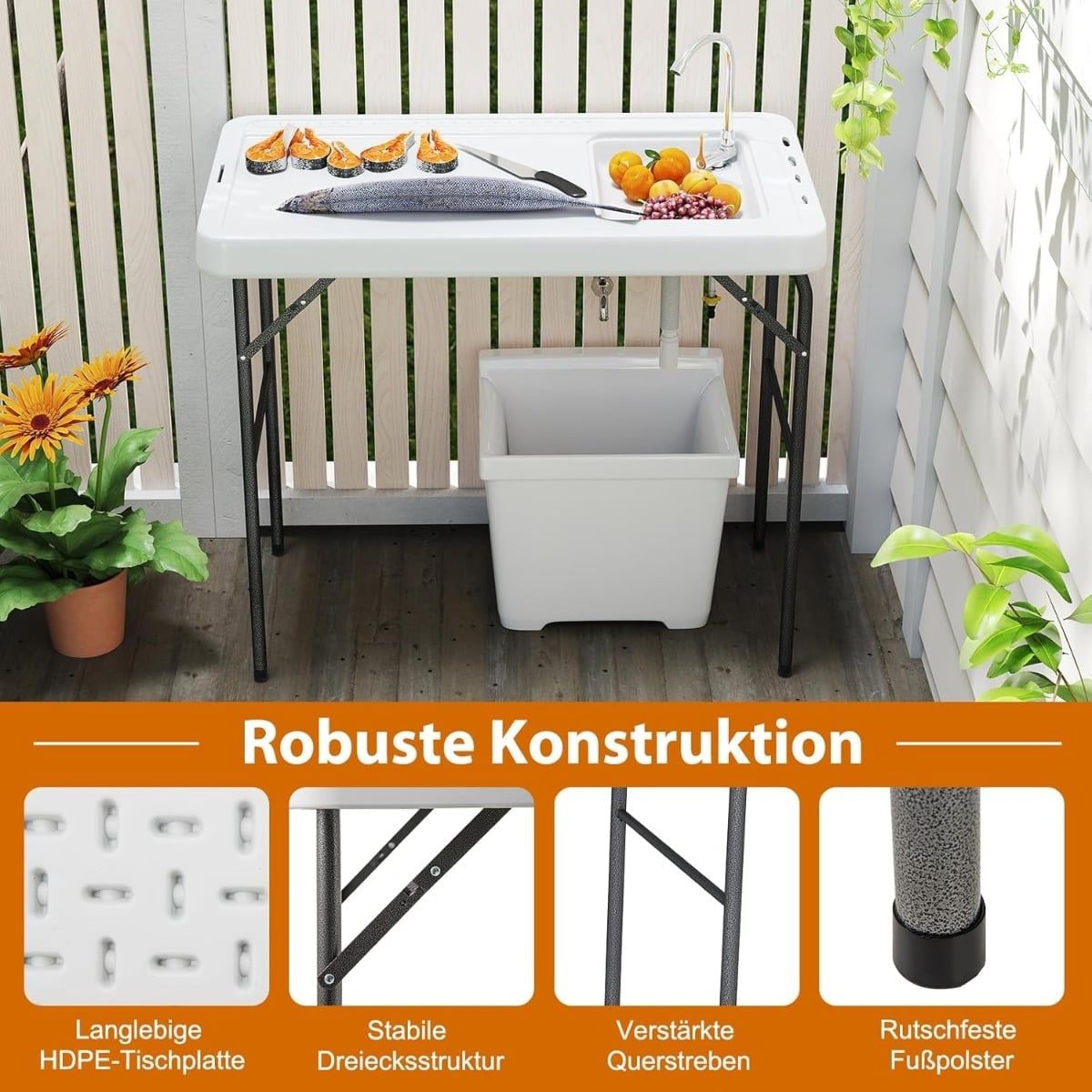 Portable Fish Cleaning Table with Sink & Faucet – White