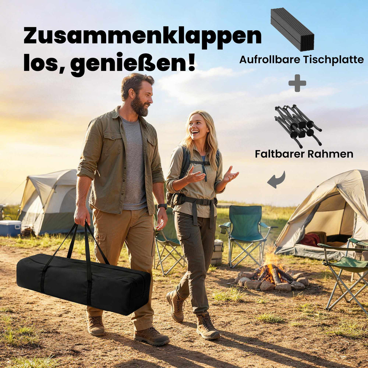 Portable Folding Camping Table with Mesh Storage, Black