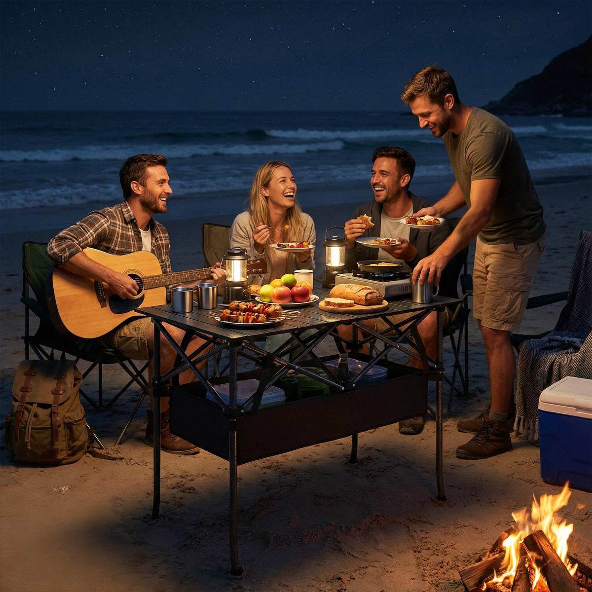 Portable Folding Camping Table with Mesh Storage, Black
