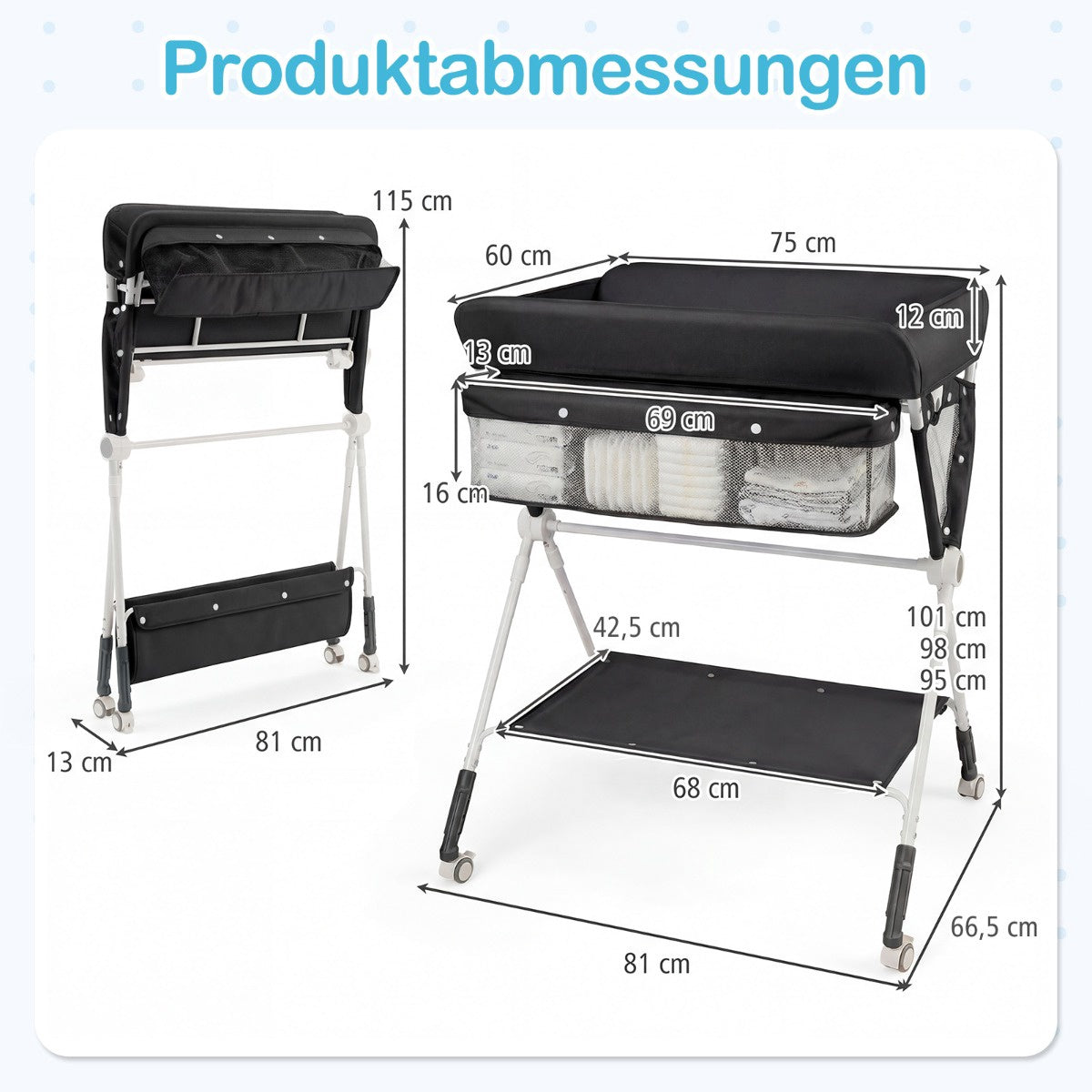 Portable Folding Changing Table with Adjustable Height, Black
